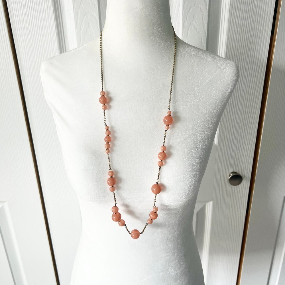 J. Crew Long Pink Peach Salmon Beaded Station Necklace on Gold Tone Chain